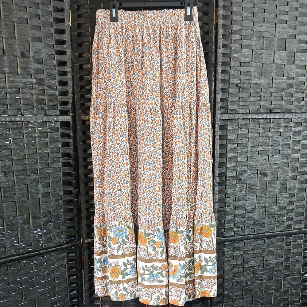 Zesica Orange Blue Floral Boho Tiered Pull On Elastic Waist Maxi Skirt SZ M